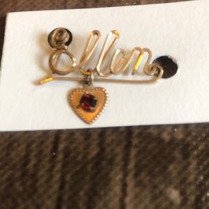 Vintage Bent Wire Initial Pin with Red Stone on Heart "Ellen"